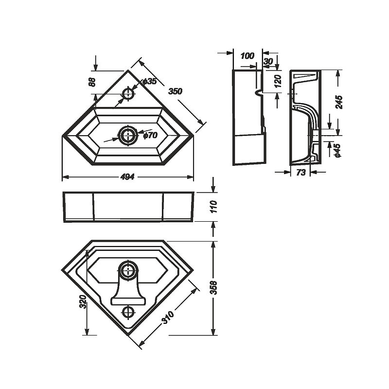 Умывальник угловой Creavit Line 35 белый WB.CR/Line/35-C/WHT.G/S1