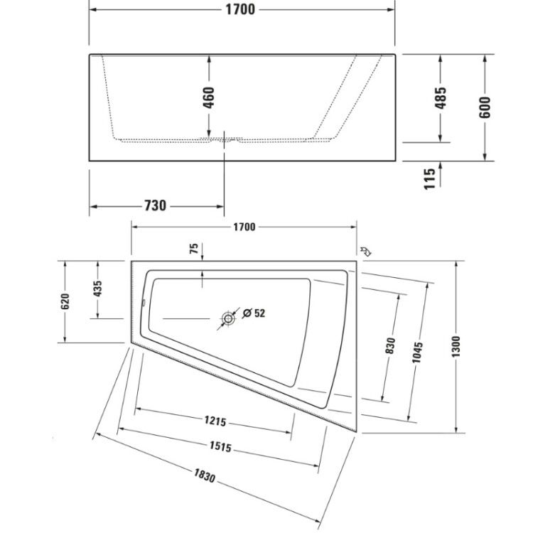 Ванна угловая Duravit Paiova 1700x1300 мм наклон спины справа 700267000000000