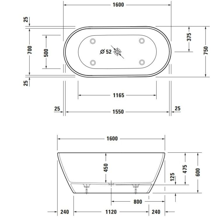 Ванна Duravit D-Neo 1600x750x600 мм отдельностоящая с двумя наклонами для спины цвет белый матовый 700486000000000