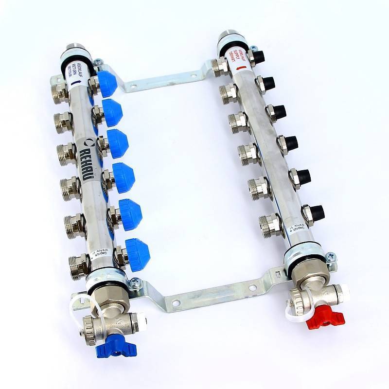 Коллекторная группа из нержавеющей стали Rehau HKV-D с регулирующими и термостатическими вентилями 1 x 3/4 EK 6 выходов 218061