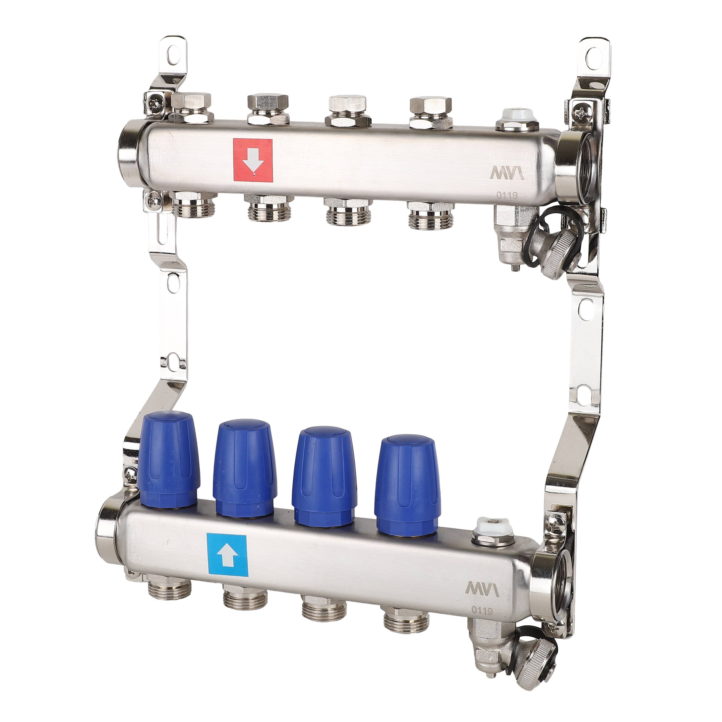 Коллектор AQUALINK без расходомеров с дренажным краном и краном Маевского 4 выхода AMS.604.06