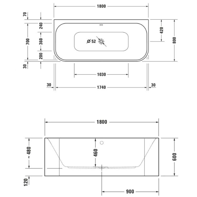 Ванна Duravit Happy D.2 Plus 1800x800 мм пристенная с панелью графит суперматовый 700451800000000