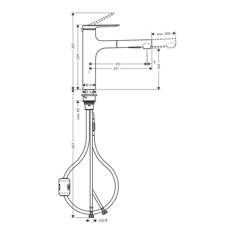 Смеситель для кухни Hansgrohe Zesis M33 с выдвижным изливом цвет сталь 74801800