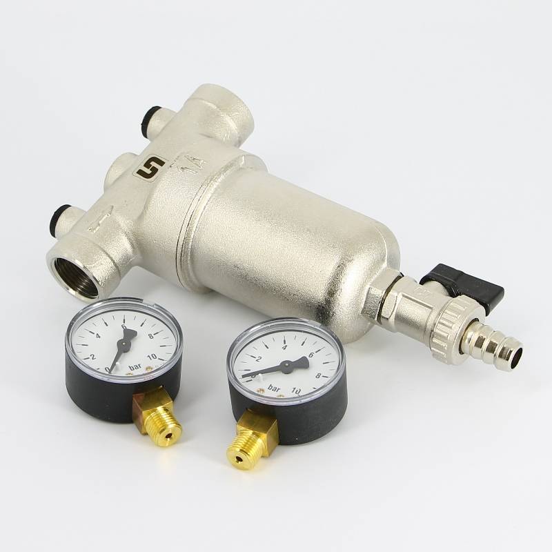 Фильтр промывной Uni-Fitt ВВ 3/4 со сливным краном и 2 манометрами 300 мкм никелированный 216N3030