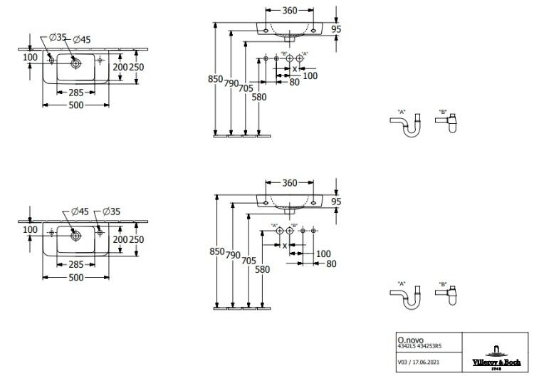 Раковина Villeroy & Boch O.Novo 500x250 мм подвесная AntiBac 4342R501