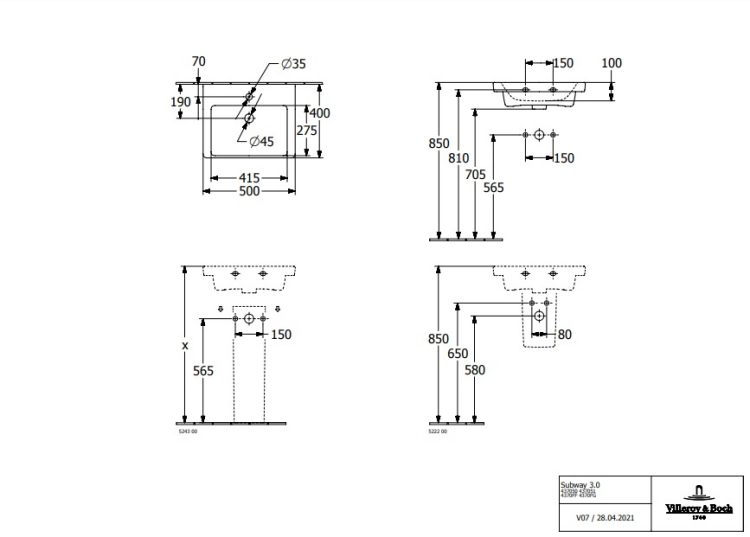 Раковина Villeroy & Boch Subway 3.0 500x400 мм 1 отверстие для смесителя 43705001