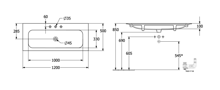 Раковина Villeroy & Boch Finion 1200x500 мм 1 отверстие для смесителя камень белый 4164C2RW
