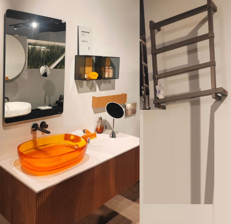 Комплект мебели Antonio Lupi Binario: 2 тумбы, раковина, столешница, зеркало LED, 2 шкафа, полотенцесушитель, лоток