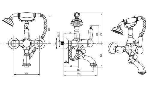 Смеситель для ванны с душем настенный Boheme Tradizionale Nero золото 253