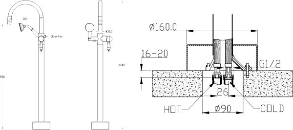 Смеситель для ванны с душем напольный Boheme Imperiale золото 289-SW