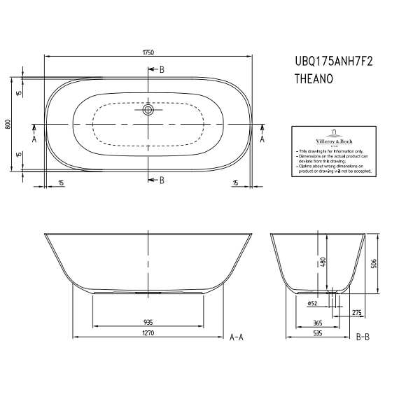 Ванна Villeroy & Boch Theano 1750x800 мм отдельностоящая белый альпийский UBQ175ANH7F200V01