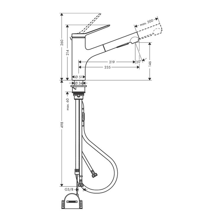Смеситель для кухни Hansgrohe Zesis M33 с вытяжным изливом sBox Lite цвет сталь 74803800