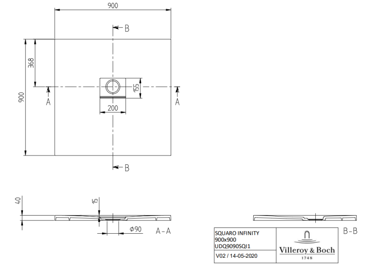 Душевой поддон Villeroy & Boch Squaro Infinity 900x900x40 мм цвет Anthracite UDQ9090SQI1V1S
