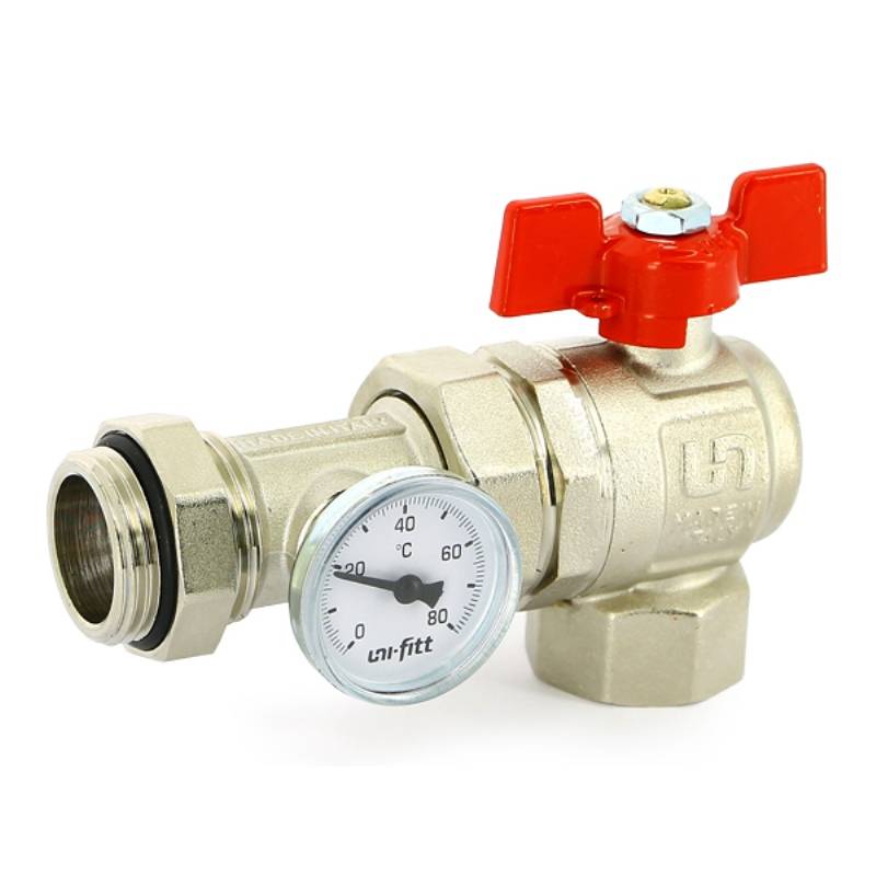 Кран шаровой угловой Uni-Fitt 1 НВ с разъемным соединением и термометром 138T4000