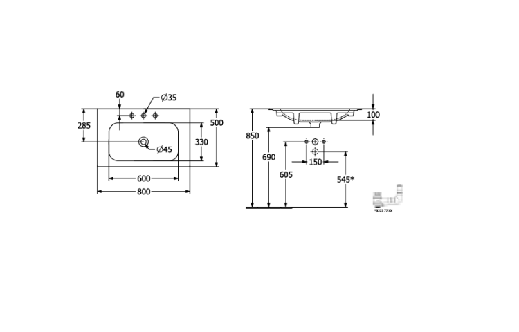 Раковина Villeroy & Boch Finion 800x500 мм, 1 отверстие для смесителя, камень белый CeramicPlus 416484RW