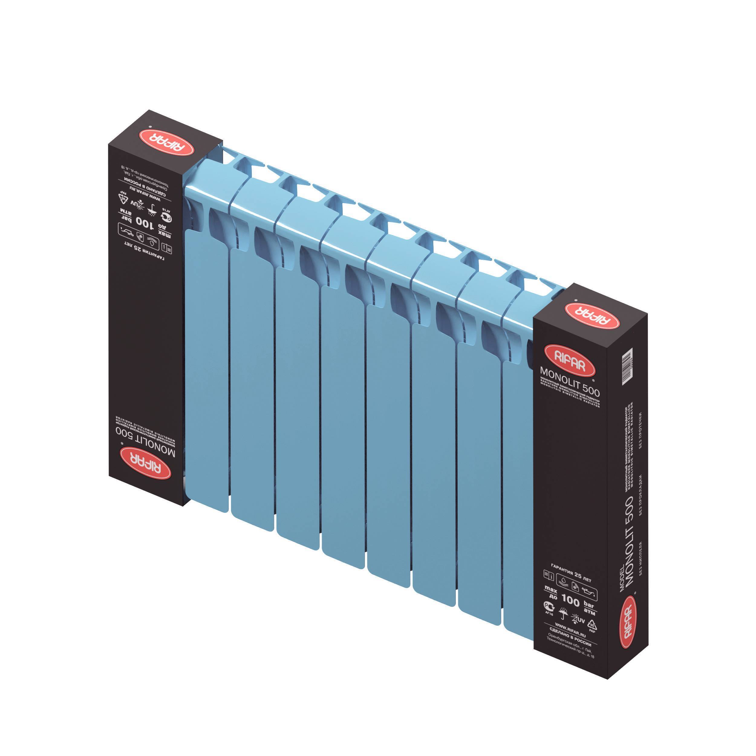 Радиатор биметаллический RIFAR Monolit 500 10 секций боковое подключение Сапфир 11635