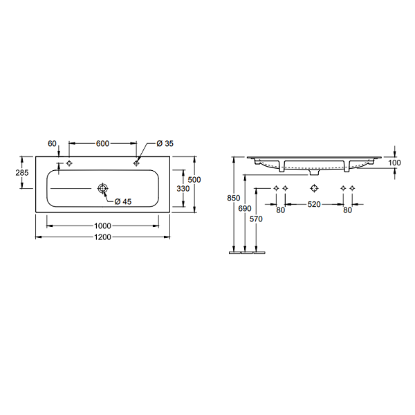 Раковина Villeroy & Boch Finion 1200x500 мм для 2-х смесителей альпийский белый 4164C1R1