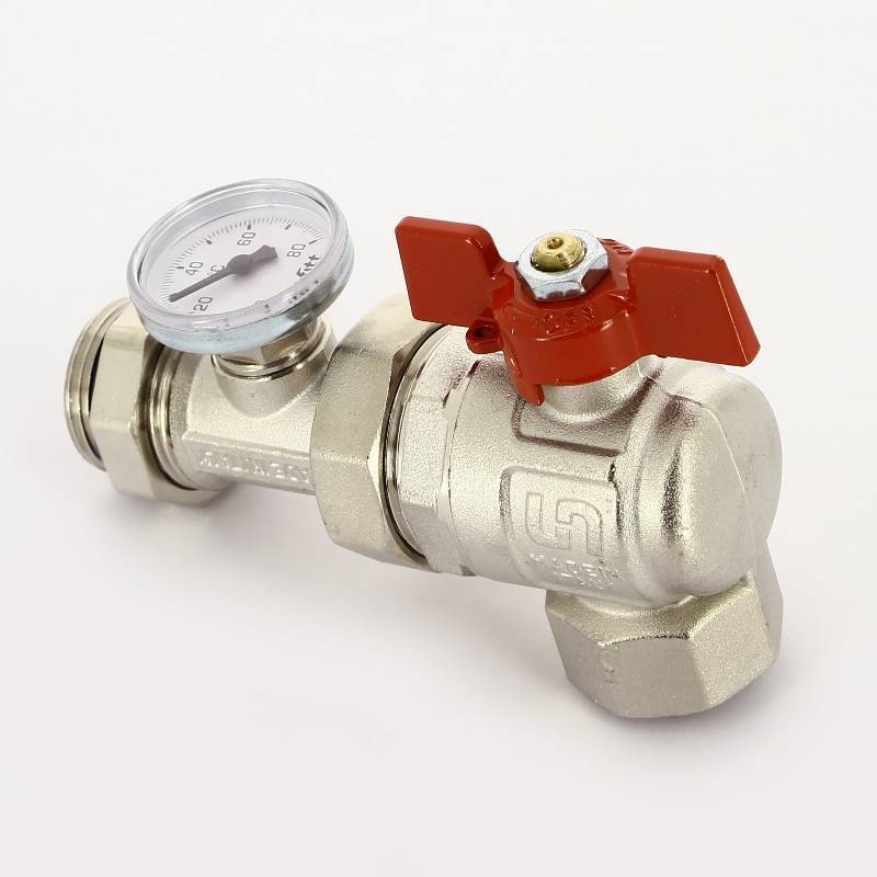 Кран шаровой угловой Uni-Fitt 1 НВ с разъемным соединением и термометром 138T4000