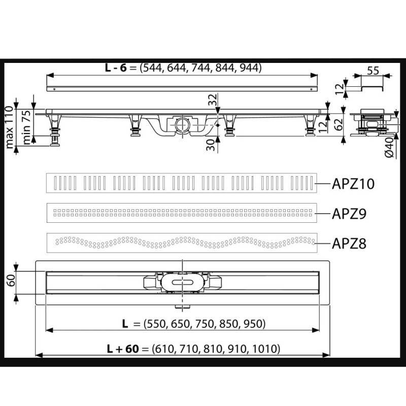 Душевой лоток Alca APZ8 Simple 850 мм с порогами APZ8-850M