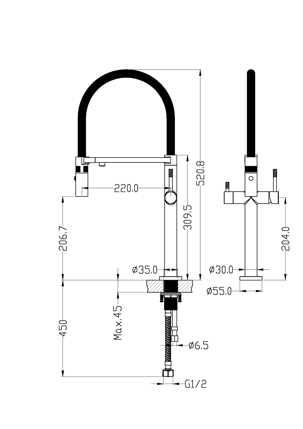 Смеситель для кухни Boheme Uno с гибким изливом и краном для питьевой воды черный 115-B