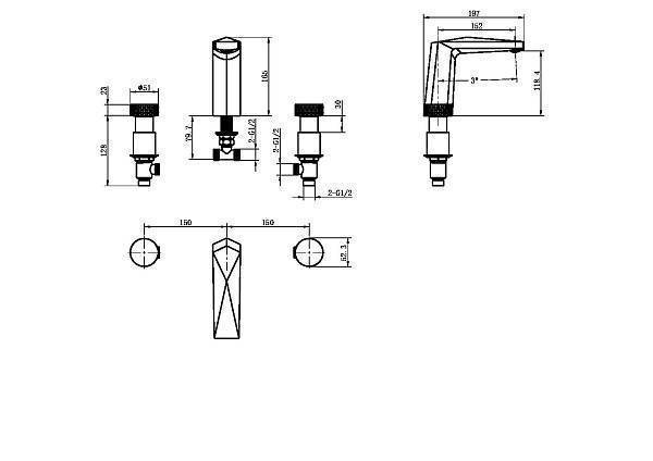 Смеситель для раковины на 3 отверстия Boheme Venturo черный 150-B-TOUCH