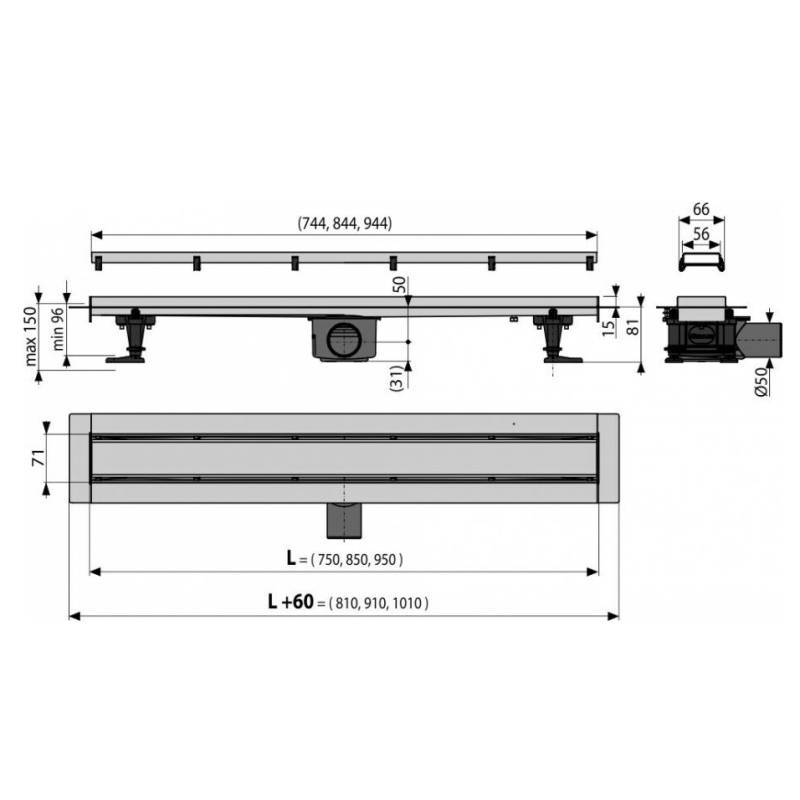 Душевой лоток Alca APZ13-DOUBLE9 750 мм с двусторонней решеткой APZ13-DOUBLE9-750