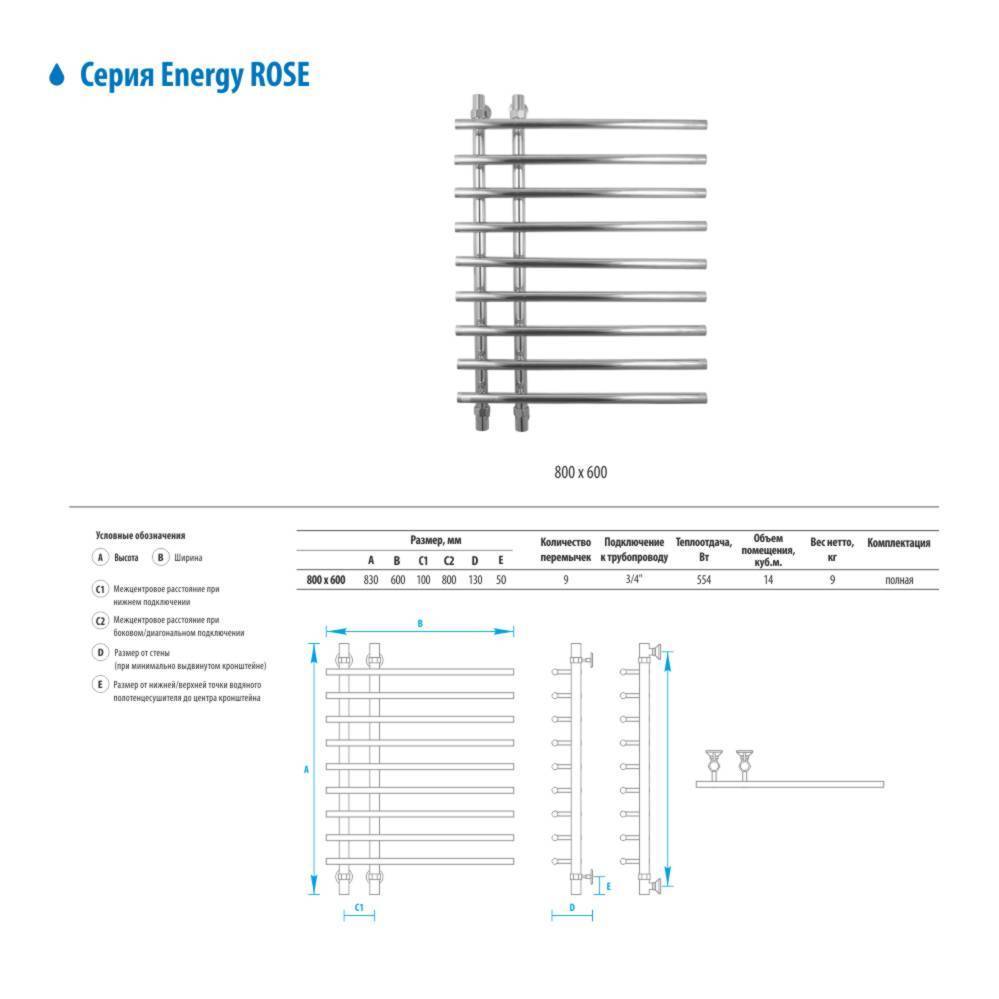 Полотенцесушитель водяной Energy Rose 800х600 мм белый матовый RAL 9016 EWTR0ROSE08060R903M