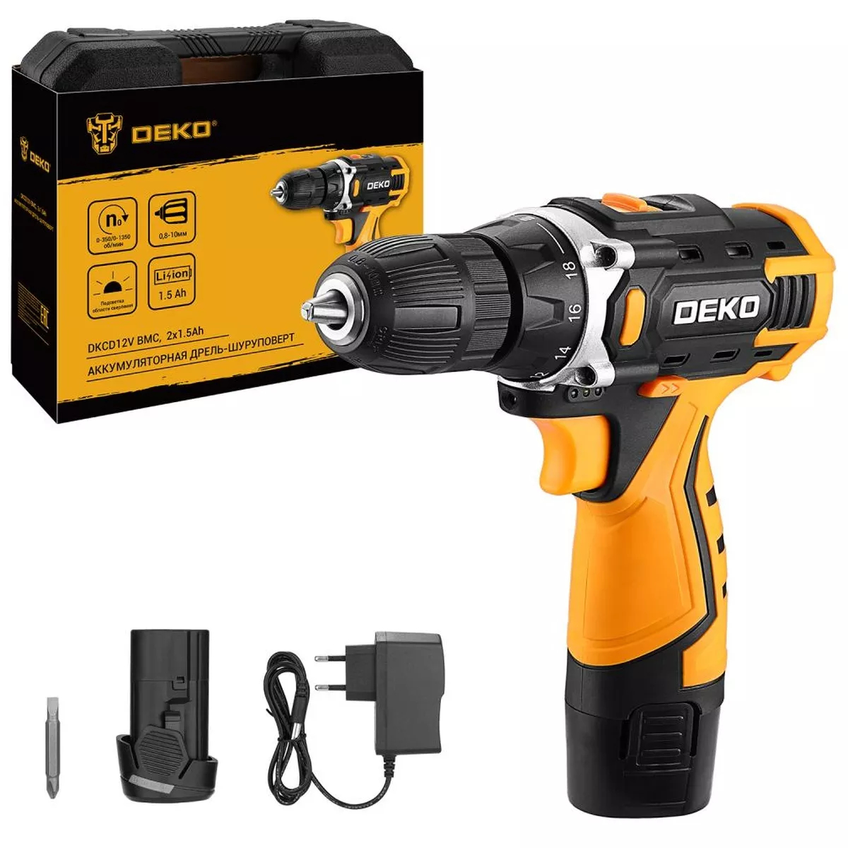 Дрель-шуруповерт аккумуляторная DEKO DKCD12V 12 В 2x1.5 Ач кейс DKCD12V