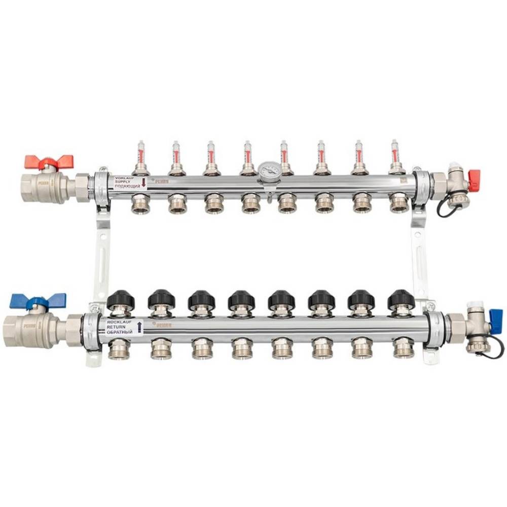 Комплект коллекторов REHAU HKV-D из нержавеющей стали на 8 контуров с расходомерами 13150501001