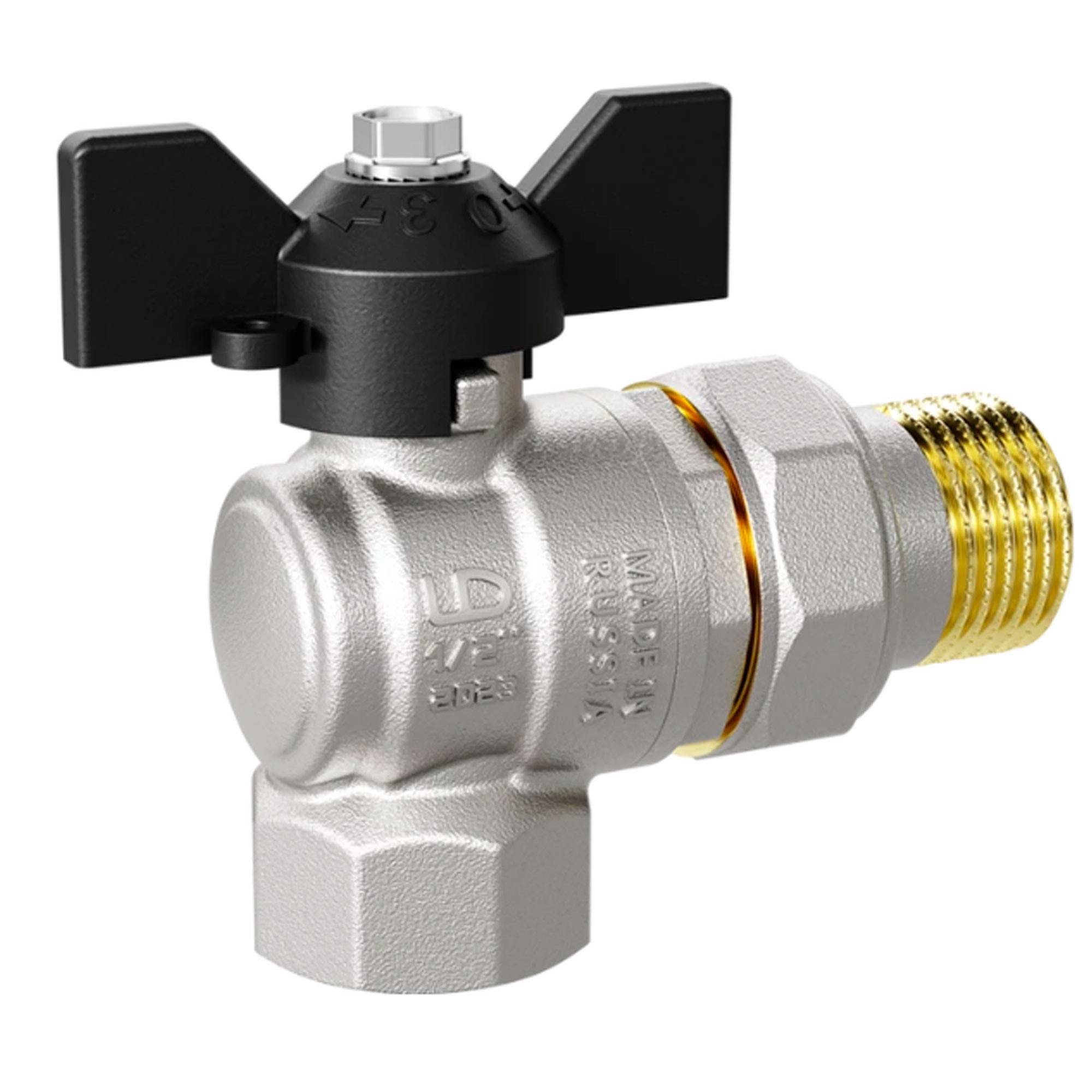 Кран шаровой латунный LD Pride Ду 20 Ру 40 угловой ВР/американка бабочка 47.20.В-ГШ.У.Б