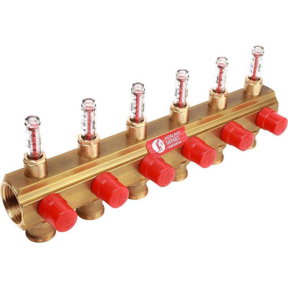 Коллектор Giacomini R553M с отсечными клапанами и расходомерами 1 x 3/4 Eurocone на 6 выходов R553MY046