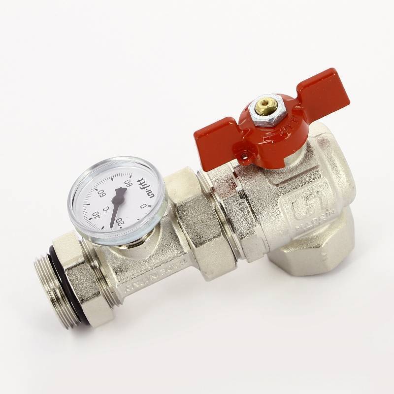 Кран шаровой угловой Uni-Fitt 1 НВ с разъемным соединением и термометром 138T4000