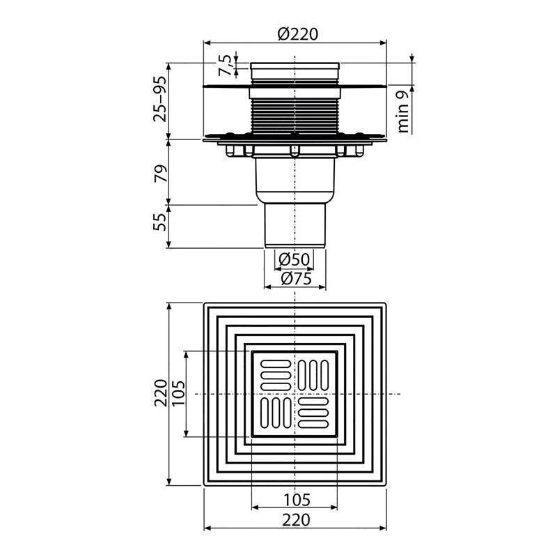 Трап для душа Alca 105х105 мм вертикальный выпуск 50/75 мм комбинированный затвор APV2324
