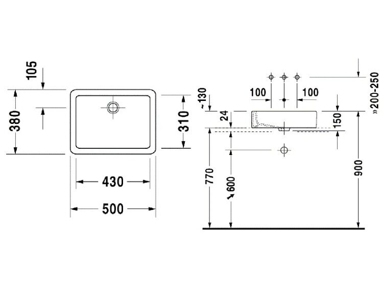 Раковина накладная Duravit Vero 500x380 мм без отверстия для смесителя 0455500000