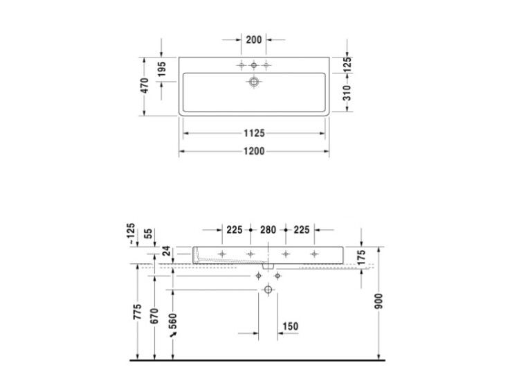 Раковина Duravit Vero 1200x470 мм 1 отверстие для смесителя 0454120027
