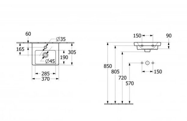 Раковина Villeroy & Boch Subway 3.0 370x305 мм 1 отверстие для смесителя 43703701