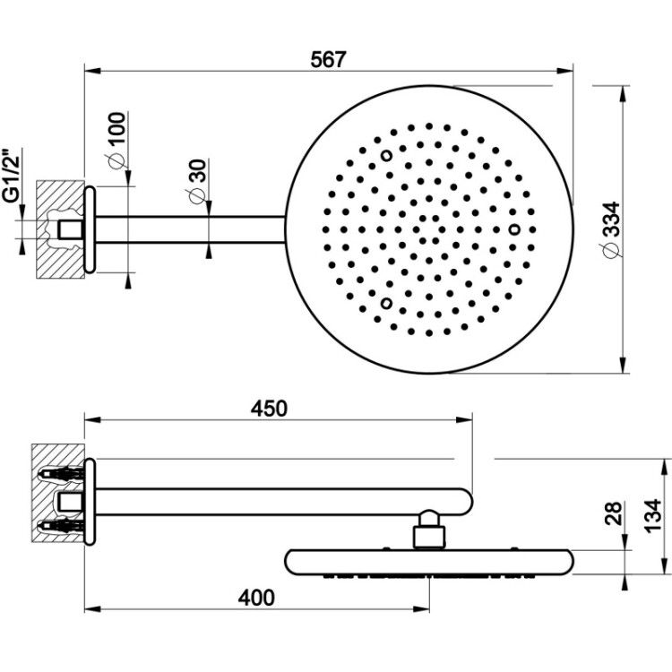 Верхний душ Gessi Goccia 334x334 мм настенный матовый черный 33756