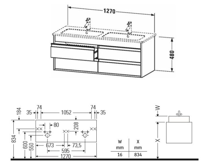 Тумба под раковину подвесная Duravit Ketho 1270x475x480 мм для двойной раковины 4 ящика серо-коричневый матовый KT643309191
