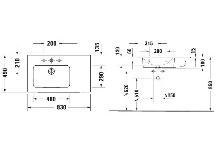 Раковина для мебели Duravit ME by Starck 830x490 мм асимметричная левая 1 отверстие для смесителя 2345830000