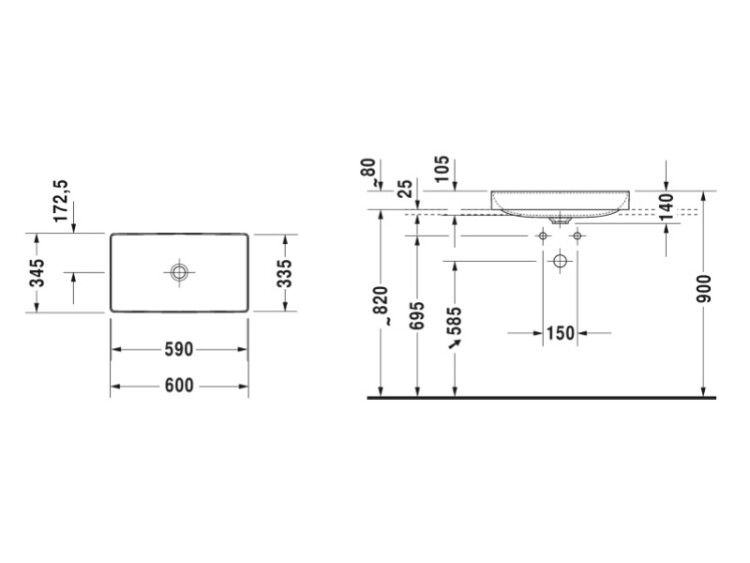 Раковина накладная Duravit DuraSquare 600x345 мм без отверстий для смесителя 2355600000
