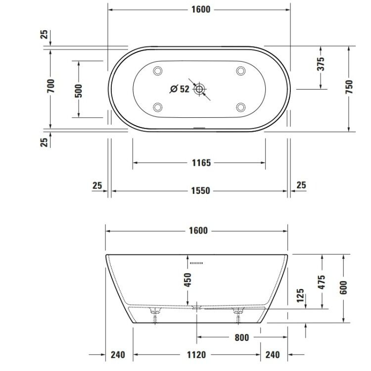 Ванна Duravit D-Neo 1600x750x600 мм отдельностоящая с двумя наклонами для спины цвет белый матовый 700477000000000