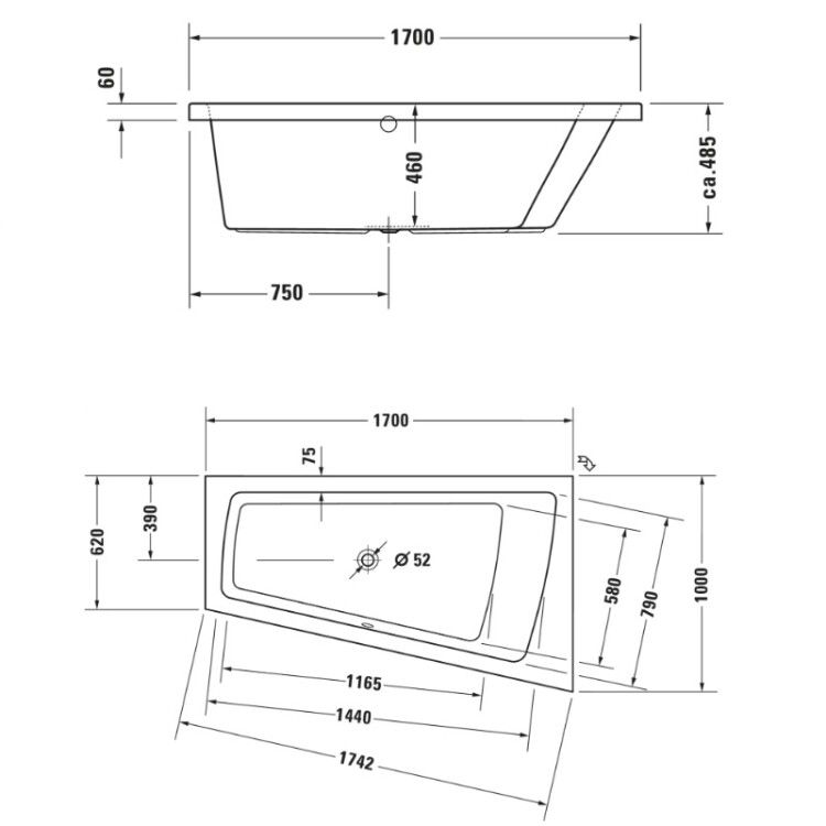 Ванна Duravit Paiova 1700x1000 мм встраиваемая трапециевидная наклон спинки справа 700213000000000