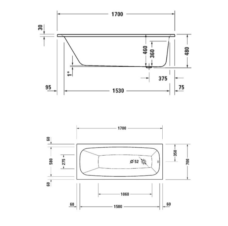 Ванна Duravit Aurena 1700x700x460 мм встраиваемая/пристенная цвет белый матовый 700547000000000