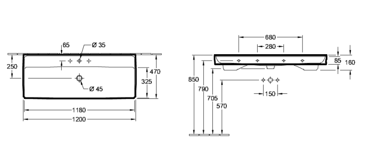 Раковина Villeroy & Boch Collaro 1200x470 мм подвесная/накладная с переливом альпийский белый CeramicPlus 4A33C5R1