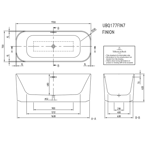 Ванна Villeroy & Boch Finion 1700x700 мм отдельностоящая цвет альпийский белый/хром UBQ177FIN7A100V201