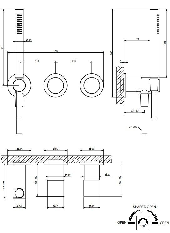Смеситель для душа Gessi Habito встраиваемый на 2 позиции с ручным душем цвет хром 70038031