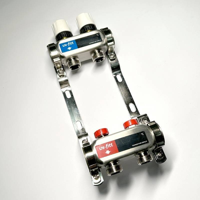 Коллекторная группа 1 x 2 выхода 3/4 STOUT с балансировочными клапанами из нержавеющей стали без концевых групп 451W4302