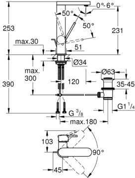 Смеситель для раковины GROHE Plus L-Size однорычажный с поворотным изливом и сливным гарнитуром хром 23851003