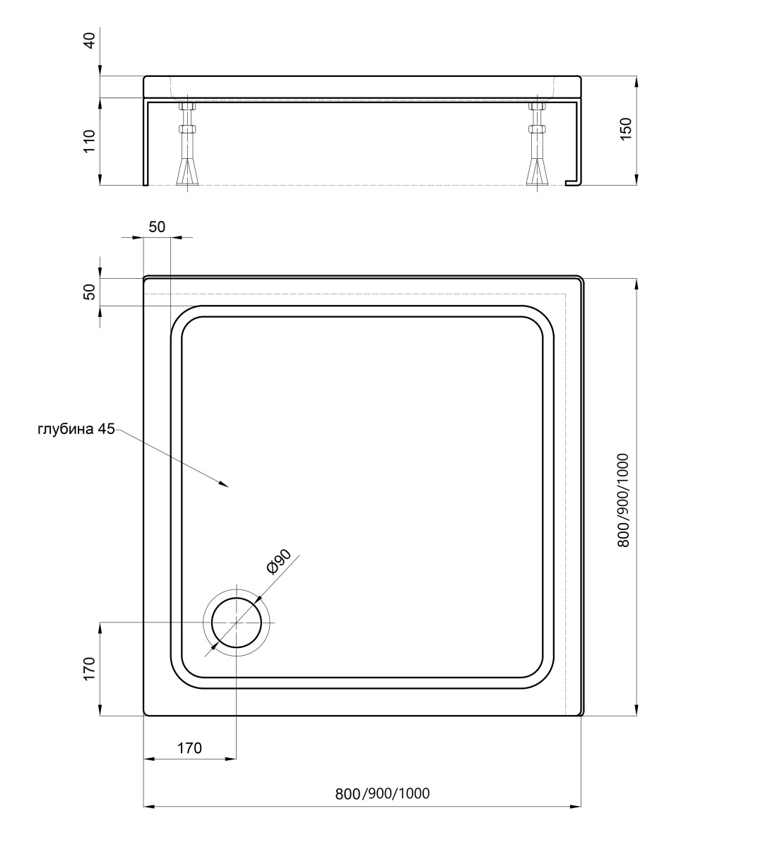 Поддон душевой D-Pol акриловый квадратный 100x100x15 см с ножками и панелью DPA-0000003
