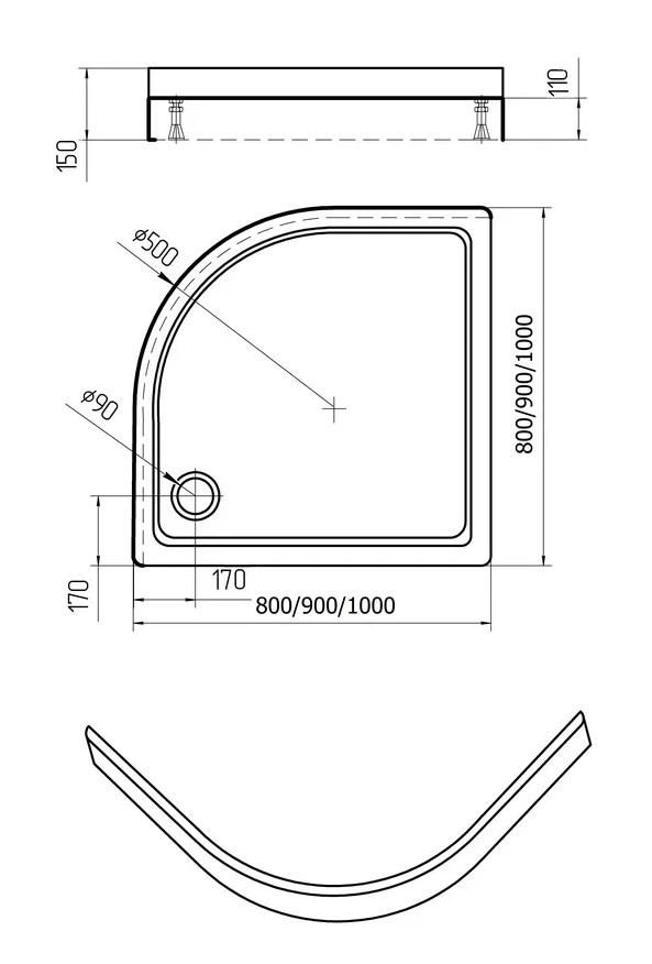 Поддон душевой D-Pol акриловый 1/4 круга 100x100x15 см с ножками и панелью DPA-0000002